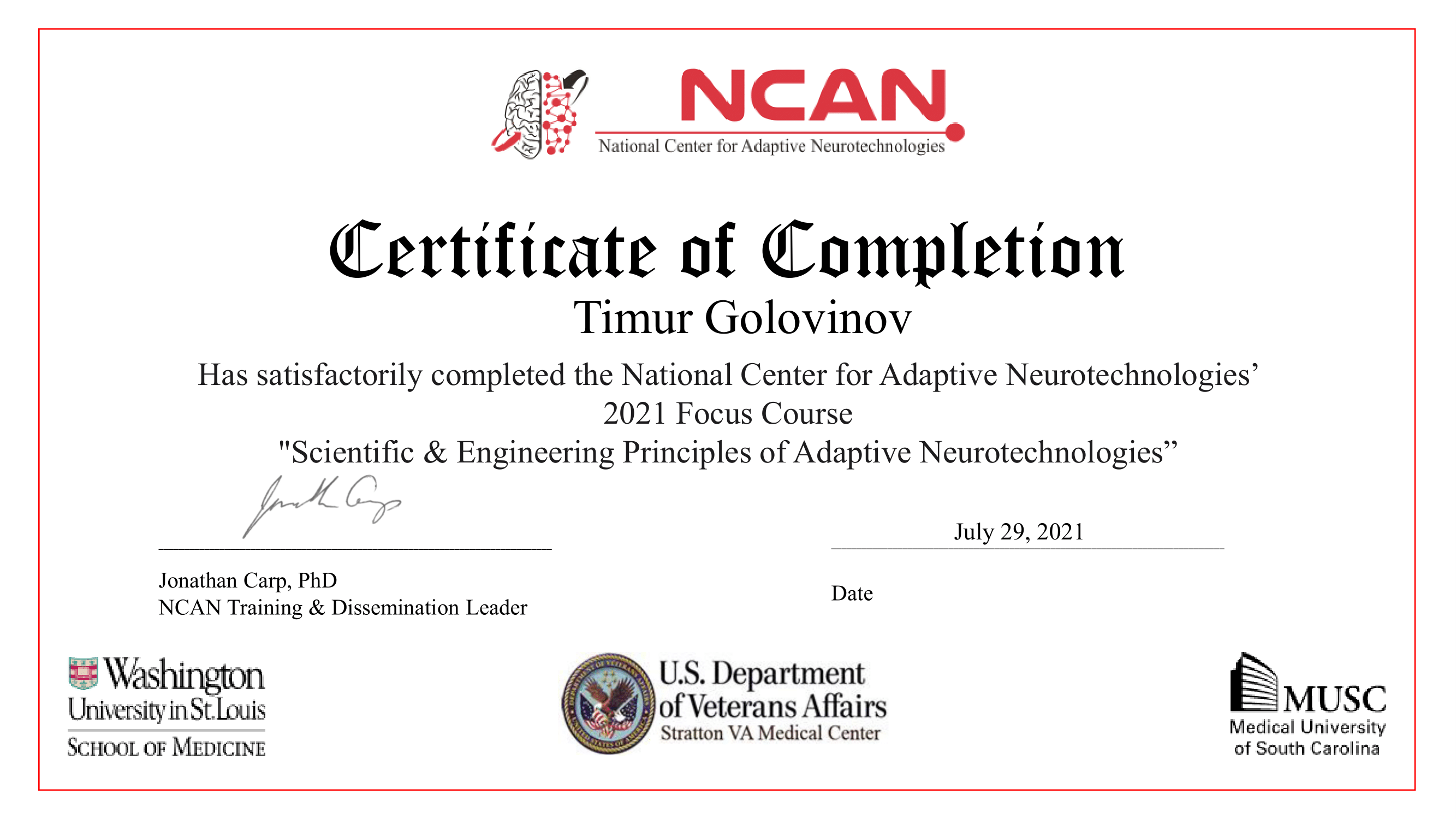 NCAN Certificate neurotechnology by National Centre for Advanced Neurotechnology