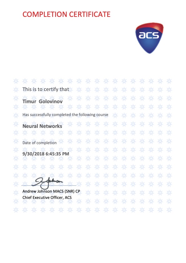Certificate in Neural Networks by Australian Computer Society