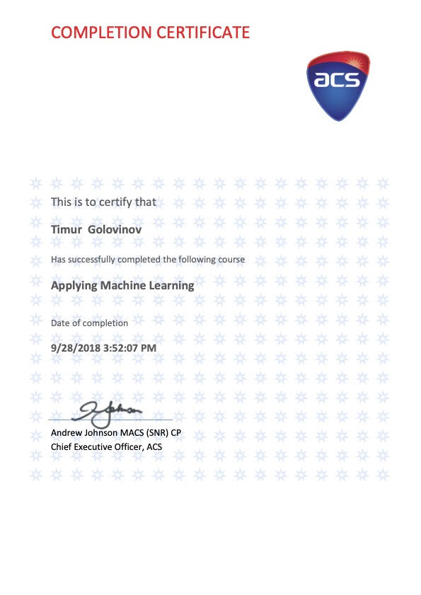 Certificate in Machine Learning by Australian Computer Society