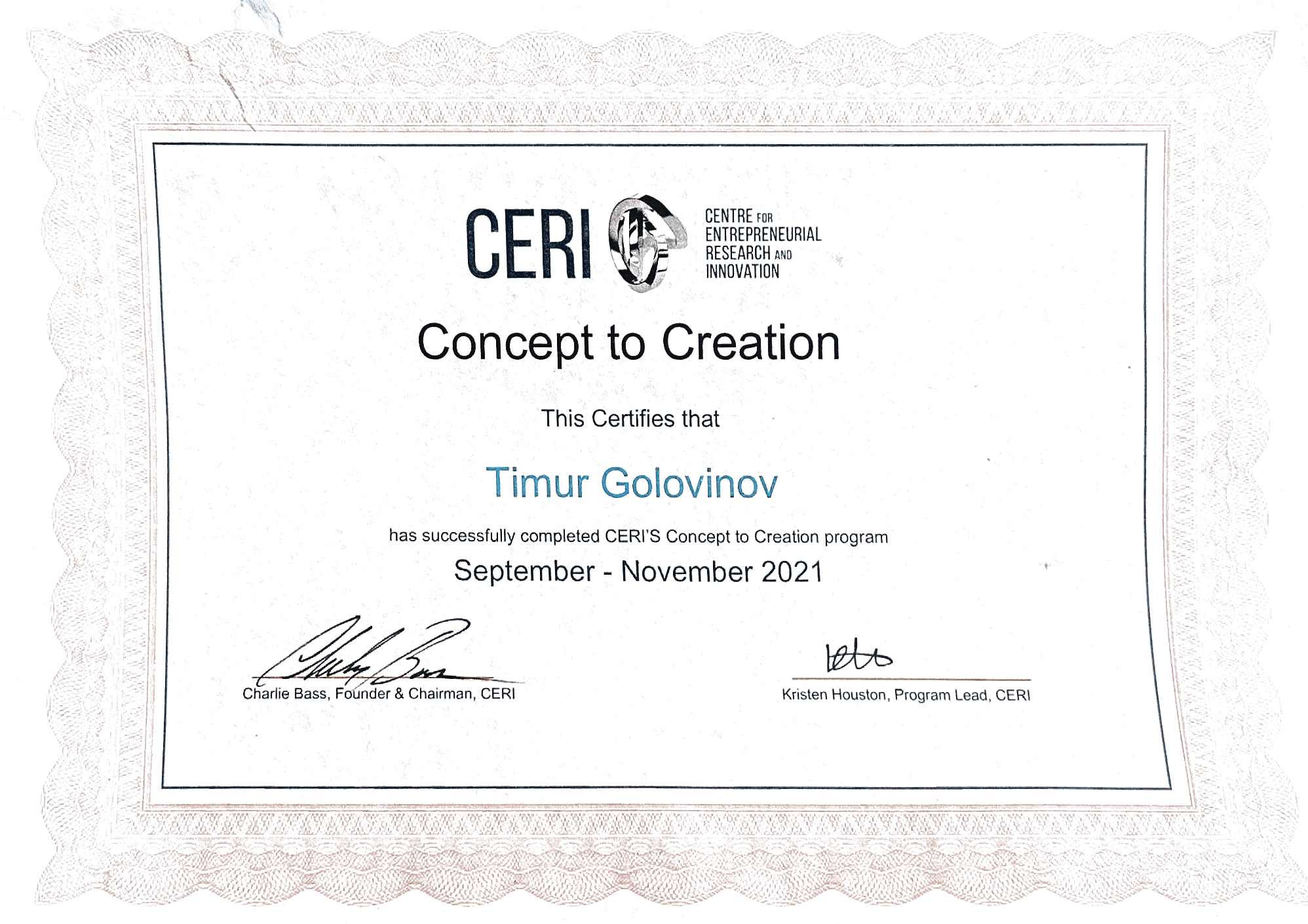 Certificate for entrepreneurship by CERI