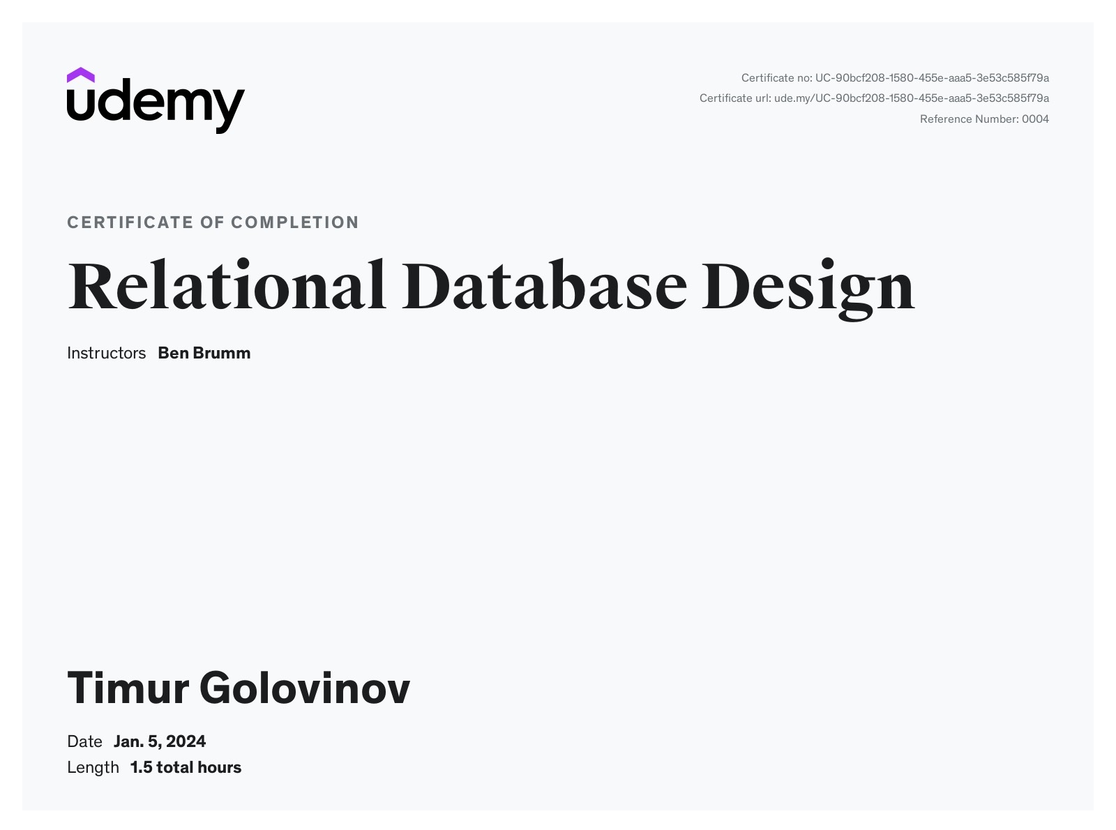 Relational database design Certificate by UDEMY