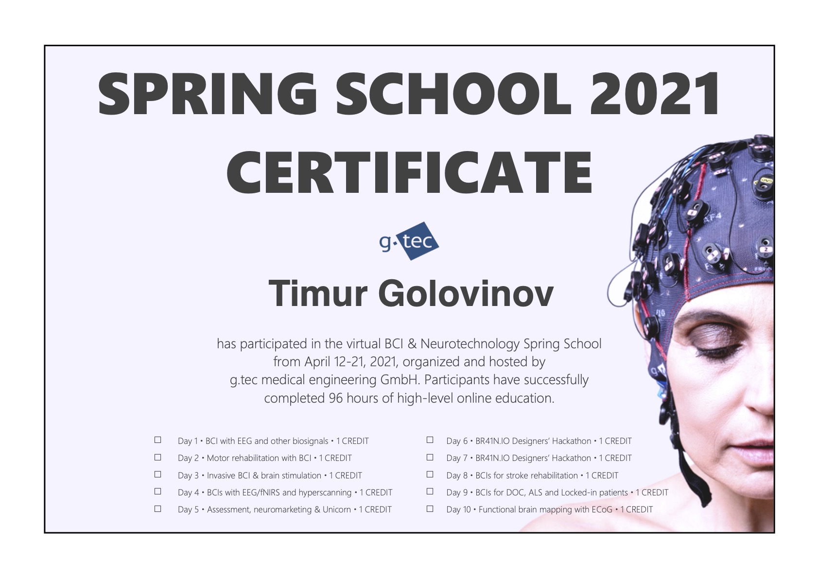 Gtec Certificate Neurotechnology by Gtec