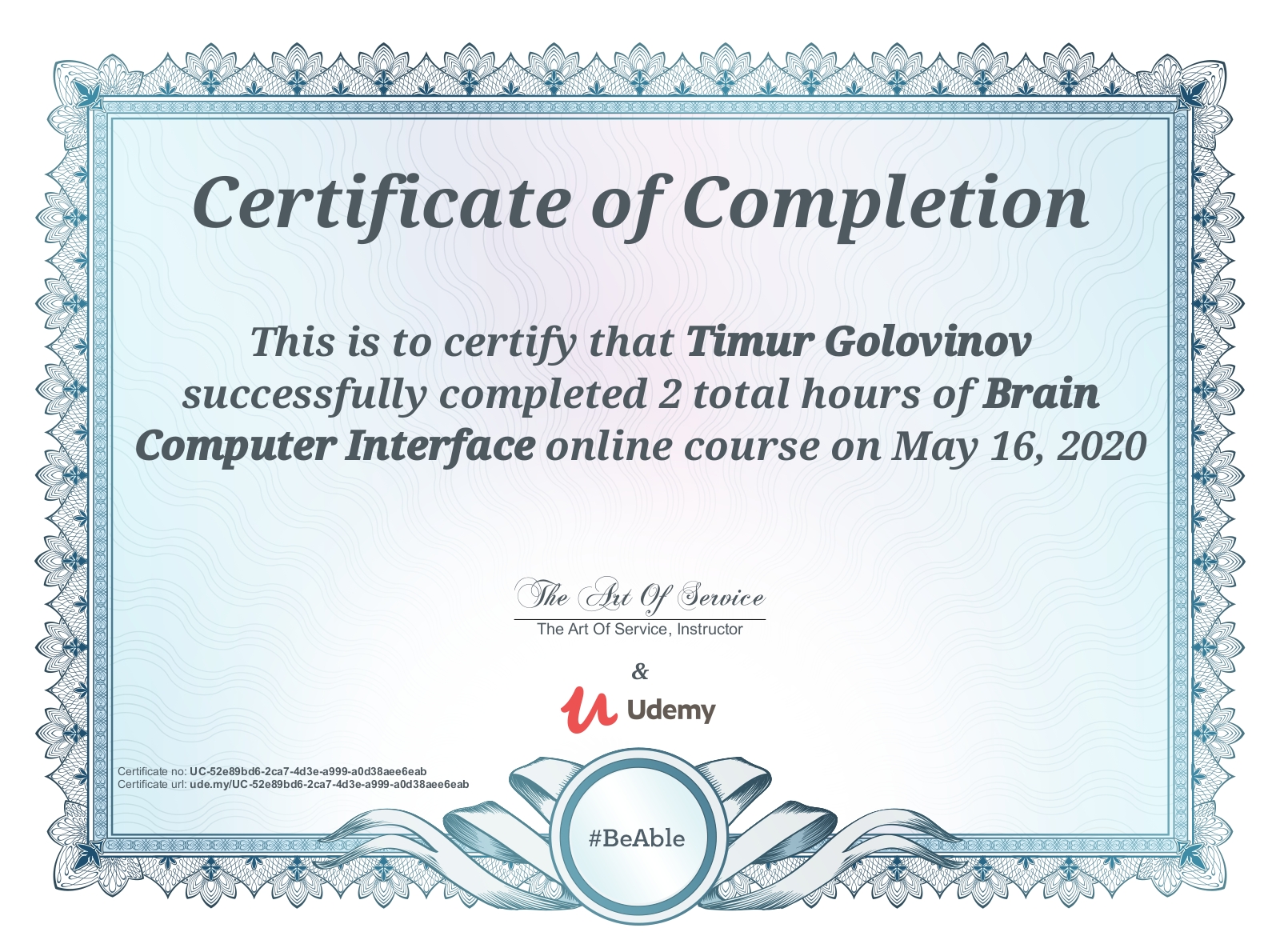 Brain Computer Interface Certificate by UDEMY
