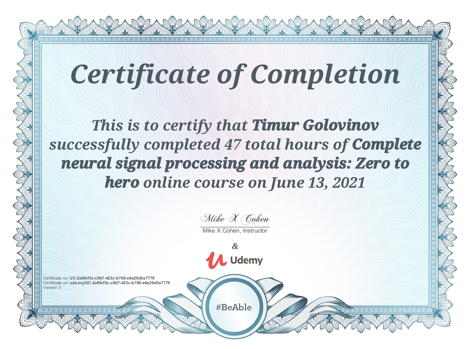Neural signal processing and analysis Certificate by UDEMY