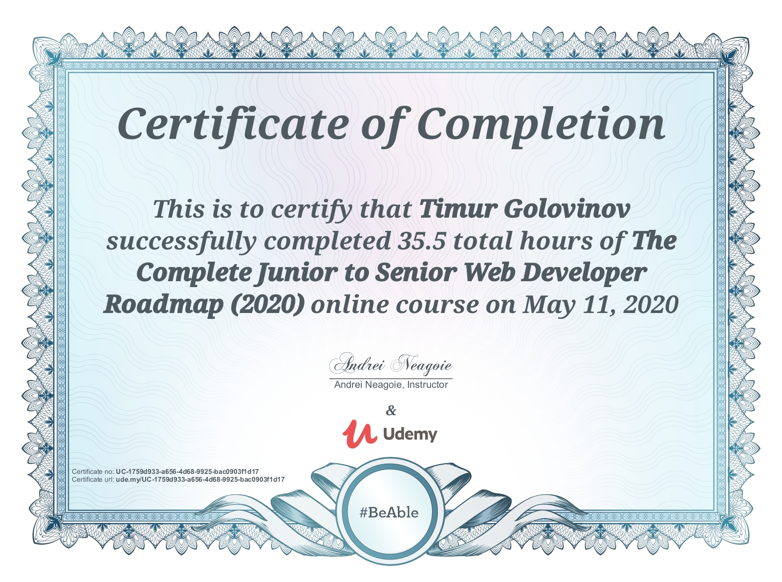 Senior web developer certificate by UDEMY